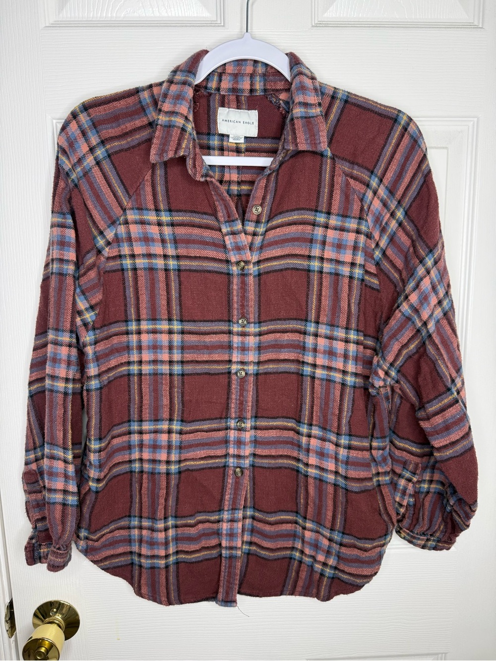 American Eagle Plaid Flannel Shirt Jacket Burgundy Blue Pink Size S 100% Cotton